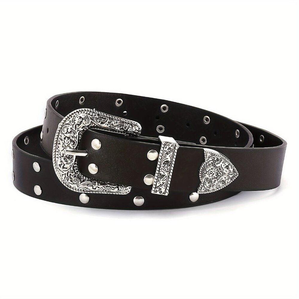 Vintage Carved Belt for Women, Punk Round Rivet Metal Embellished Belt